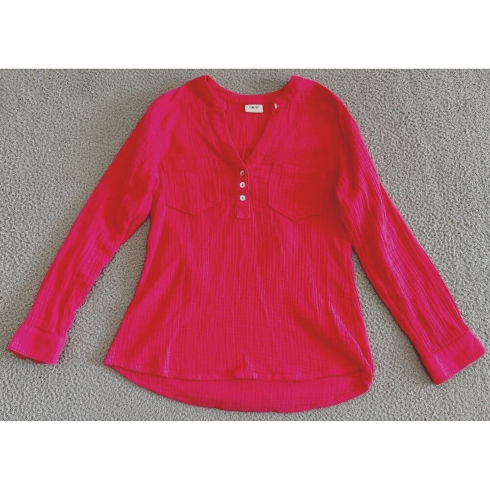 Mote Shirt Red Long Sleeve Henley Blouse‎ Gauzy Crinkle Coastal Beachy